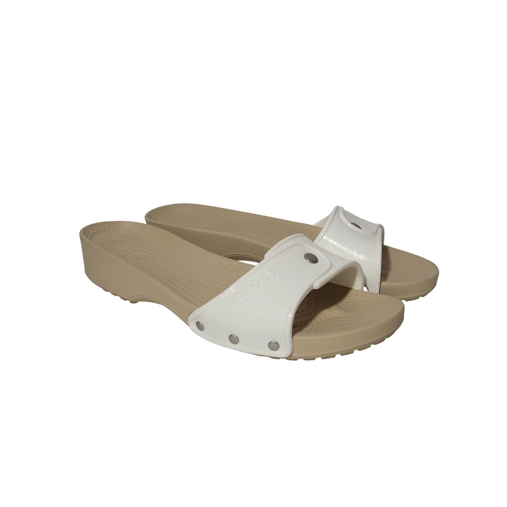 Crocs Cobbler Slide Sandal Womens 8 White Tan Rivet Comfort Slip on Low Wedge